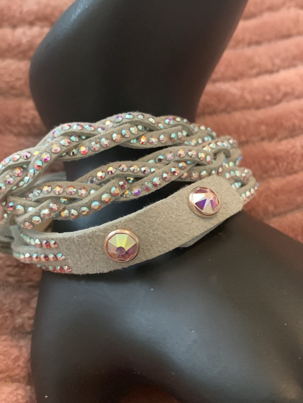 Touchstone Crystal Beige Suede Wrap Bracelet with Aurora Crystals